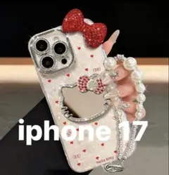 iphone 17スマホケース　ミラー付きキティストラップ付き　可愛い　レッド