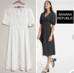 バナナリパブリック ドット柄 パフスリーブ　ロングワンピース 白　XS