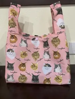 ハンドメイド☆エコバッグ・コンビニサイズ/撥水加工生地/猫柄・毛長cat/ピンク