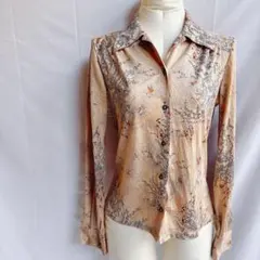 花柄 長袖シャツ ベージュ　レトロ　開襟ブラウス　ボタニカル　昭和レトロ風