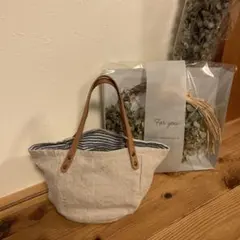 ❇︎ハンドメイド❇︎コロントートバック　小　亜麻色リネン　ストライプ　赤タグのサムネイル