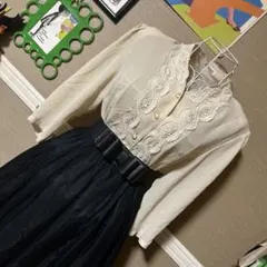 レトロ古着 レース装飾✧ ノーカラー 7分袖ブラウス ヴィンテージ 古着