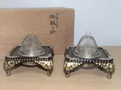 明治～大正期頃 古美術品 銀製品 雛菊燭台 一対 木製黒塗 蒔絵 燈明台