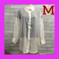 新品 丈長め 長袖 シースルーシャツ 光沢あり レディース M ホワイト B品⑩