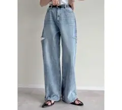 Re:EDIT サイドスリットワイドストレートコットンデニムパンツ