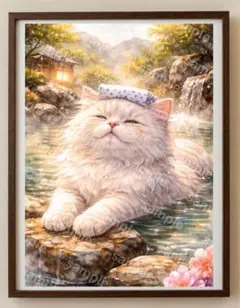 【水彩画アート】温泉に浸かる猫 2L版写真用紙