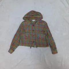 80's vintage チェック柄 フード付き 短丈 長袖シャツ マルチカラー