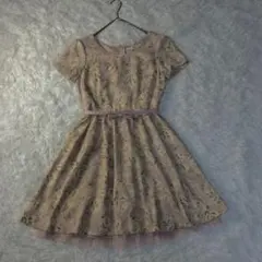 美品✨ワンピース 花柄 フレア 裾レース ゴブラン織風 ベルト付き ピンク M