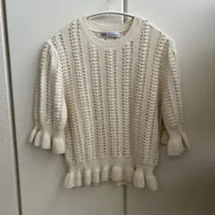 ZARA アイボリー レース編みニット 五部袖（半袖）