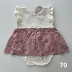 新品 (70) 肩フリル 袖なし ロンパース お花 刺繍 綿100% ママラク