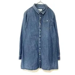 2014 ドットデニム シャツワンピース 水玉模様 カジュアルコーデ L