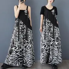 大きいサイズ 新品 春夏 ゆったり体型カバー柄サロペット　スカート見え