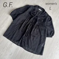 【ジーエフ】ボウタイ シフォンブラウス ブラック 半袖 レース L 清楚 美品
