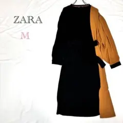 ♦︎ザラ【M】バイカラーロングワンピース　腰リボン　スリット　クルーネック　長袖