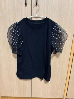 ドット柄シースルー袖 半袖Tシャツ ブラック Sサイズのサムネイル