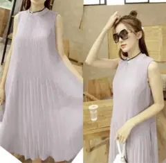 下地付き✨ワンピース　プリーツ　グレー　ノースリーブ　シンプル　膝丈スカート