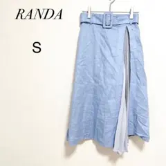 【ランダ】麻100% ベルト付き プリーツ切替 ロングスカート ブルー S 大人のサムネイル