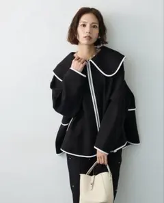 ビッグカラー配色ボンディングコート ブラック｜バイカラー襟 Frene風