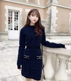 千鳥柄ニットワンピース　ネイビー　値下げ不可