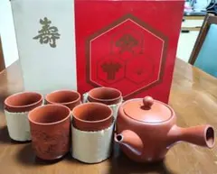 2/22まで！【未使用】常滑焼　朱泥 茶器揃　亮泉作 急須&湯呑5個　計6点