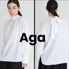 美品★ヤマダヤAga ヘリンボーンバックリボンブラウス ホワイト ボウタイ 白のサムネイル