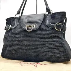 美品 フェラガモ トートバッグ ガンチーニ ブラック 編み上げ ストロー レザー