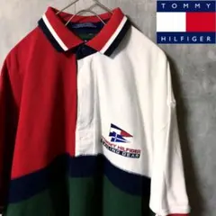 【90sオールドトミーヒルフィガー】サイズM 刺繍ビッグロゴポロシャツ