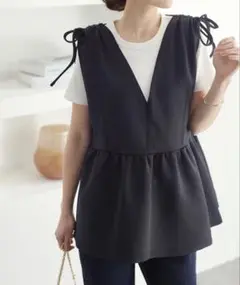 神戸レタス ショルダーリボン ペプラムポンチ ベスト 黒