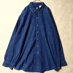 ​【極太】00s FADED GLORY ストライプ長袖シャツ インディゴ XLのサムネイル