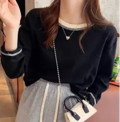 トップス Tシャツ ブラック L シャツ カットソー ロンT ワッフル