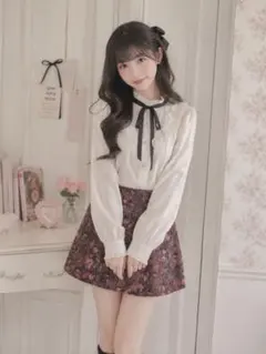花柄 ジャガード ミニスカート ワインレッドのサムネイル