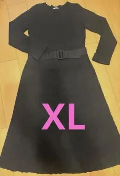 GU リブ編み 黒 Vネック ベルト付きワンピースXL