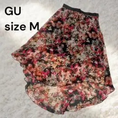 GU 花柄シフォンロングスカート 裏地付き フレア イレヘム ブラック M
