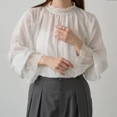 ピュアルセシン 襟袖レース プチハイネック ブラウス フリーサイズ