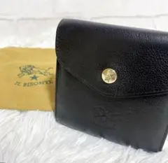 IL BISONTE 二つ折り財布 金ボタン コンパクト ダブルフラップ　黒のサムネイル