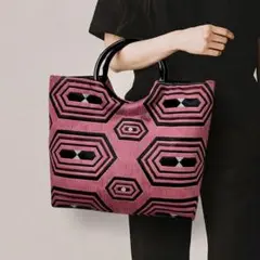 トートバッグ　帯バッグ　ピンク　幾何学　1点物　和物　着物　和装　ハンドメイド