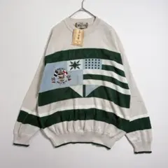 アイボリー・グリーン ストライプ ニット セーター タグ付き 刺繍柄 古着