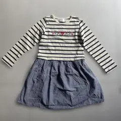 未使用 120 ワンピース ボーダー 綿100% フラワー 刺繍 長袖