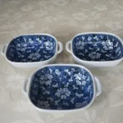青と白の花柄 陶器鉢 3個セット
