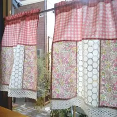 countryfarmギンガムチェックと花柄のカフェカーテンセット