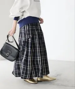 BONLECILL◆マルチチェックアシメギャザーデザイン フレアロングスカート紺