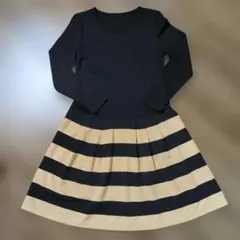 [未使用]メリオン　ブラック&ベージュボーダー　カットソー長袖ワンピース　7号