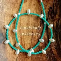 淡水パール ホワイト × グリーン ビーズ ネックレス