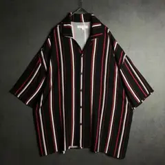 レーヨン100% 半袖シャツ L 開襟 黒赤ストライプ XL相当