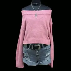 平成ギャル　y2kグランジ　オフショル　ニット ピンク　姫ギャル