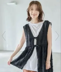 スタディオクリップ　ダブルフロントフリンジジャガードジレ