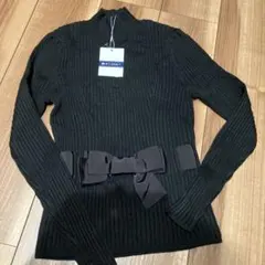 黒 リブ編み 長袖ニット ウエストリボン付き