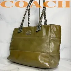 B785【A4収納可能】COACH★エナメル トートバッグ オリーブ　14123