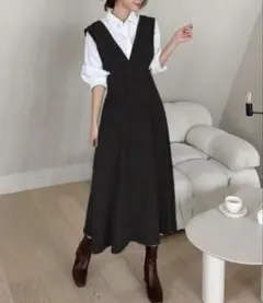 【DAZY】無地柄 ブラウスなし オーバーオールドレス ブラック S