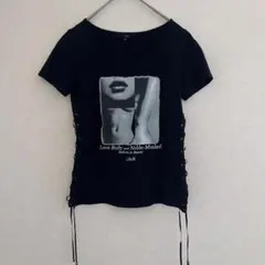 J&R サイドリボン編み半袖プリントTシャツ ブラック ラインストーン付き　　Mのサムネイル